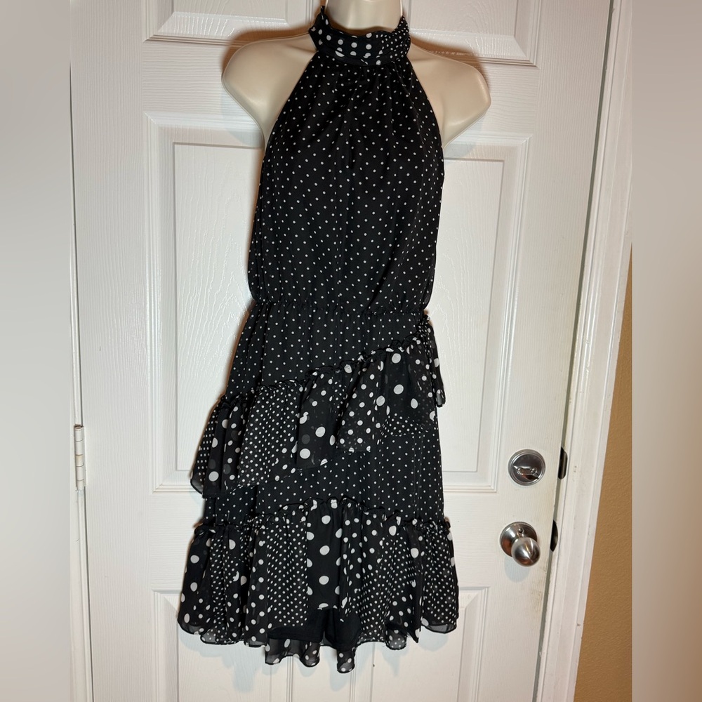 Betsey Johnson Black & White Polka Dot Halter Ruffle Dress size 6